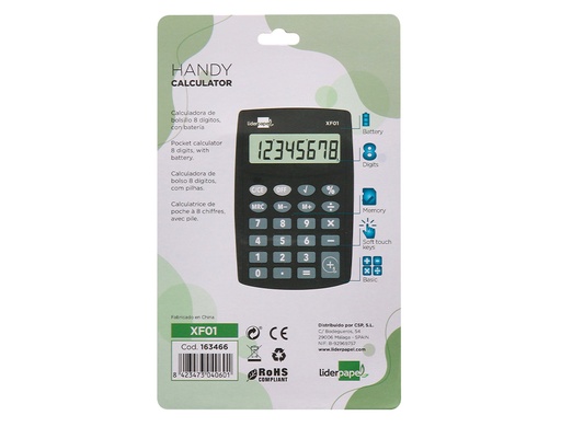 LIDERPAPEL - CALCULADORA BOLSILLO 8 DIGITOS PILAS COLOR NEGRO 99X64X9 MM (Ref.XF01)