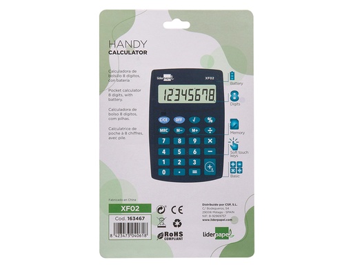 LIDERPAPEL - CALCULADORA BOLSILLO 8 DIGITOS PILAS COLOR AZUL 99X64X9 MM (Ref.XF02)