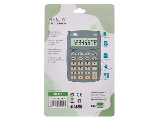 LIDERPAPEL - CALCULADORA BOLSILLO 8 DIGITOS PILAS COLOR GRIS 99X64X9 MM (Ref.XF03)
