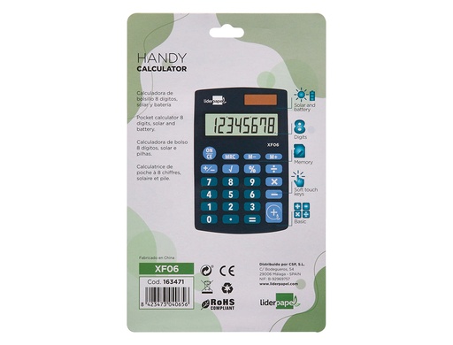 LIDERPAPEL - CALCULADORA BOLSILLO 8 DIGITOS SOLAR Y PILAS COLOR AZUL 98X62X8 MM (Ref.XF06)