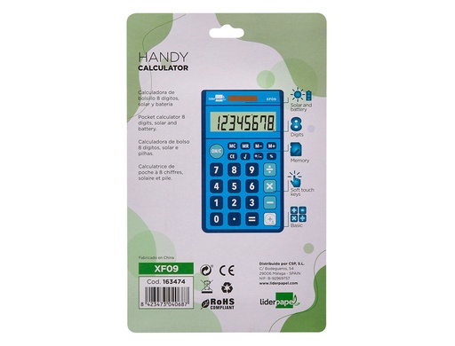 LIDERPAPEL - CALCULADORA BOLSILLO 8 DIGITOS SOLAR Y PILAS COLOR AZUL 115X65X8 MM (Ref.XF09)