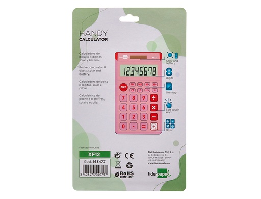 LIDERPAPEL - CALCULADORA BOLSILLO 8 DIGITOS SOLAR Y PILAS COLOR ROSA 115X65X8 MM (Ref.XF12)