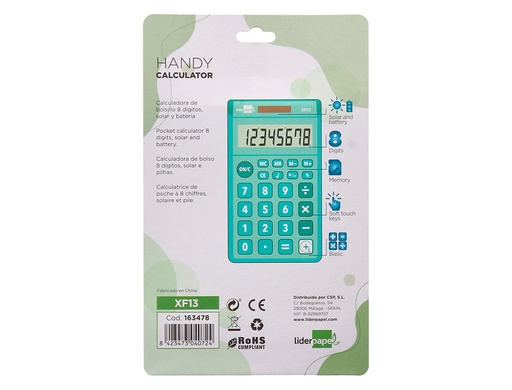LIDERPAPEL - CALCULADORA BOLSILLO 8 DIGITOS SOLAR Y PILAS COLOR VERDE 115X65X8 MM (Ref.XF13)