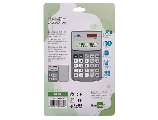 LIDERPAPEL - CALCULADORA BOLSILLO 10 DIGITOS CON TAPA SOLAR Y PILAS COLOR GRIS 123X75X12 MM (Ref.XF15)