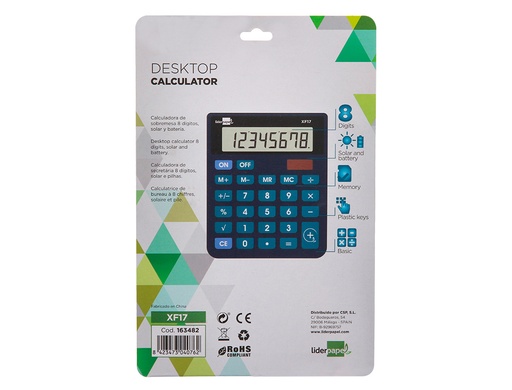 LIDERPAPEL - CALCULADORA SOBREMESA 8 DIGITOS SOLAR Y PILAS COLOR AZUL 127X105X24 MM (Ref.XF17)