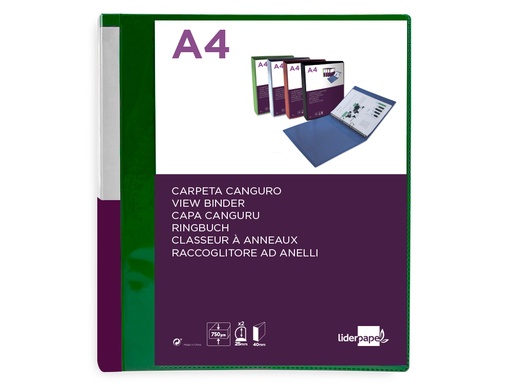 LIDERPAPEL - CARPETA CANGURO 2 ANILLAS 25 MM MIXTAS POLIPROPILENO DIN A4 VERDE TRANSLUCIDO (Ref.KG51)