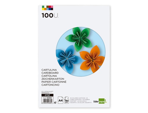 LIDERPAPEL - CARTULINA A4 180G/M2 25 COLORES SURTIDOS PAQUETE DE 100 HOJAS (Ref.CT57)