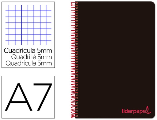 LIDERPAPEL - CUADERNO ESPIRAL A7 MICRO WONDER TAPA PLASTICO 100H 90 GR CUADRO 5MM 4 BANDAS COLOR NEGRO (Ref.BG17)