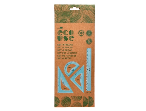 LIDERPAPEL - JUEGO ESCUADRA 20 CM CARTABON 18 CM REGLA 30 CM Y SEMICIRCULO 10 CM ECOUSE 100% PET RECICLADO (Ref.JG06)