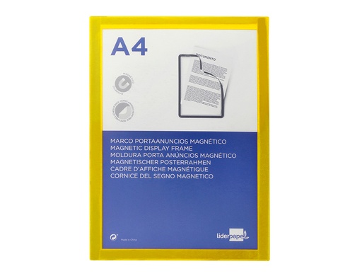 LIDERPAPEL - MARCO PORTA ANUNCIOS MAGNETICO DIN A4 DORSO ADHESIVO REMOVIBLE COLOR AMARILLO (Ref.MA01)