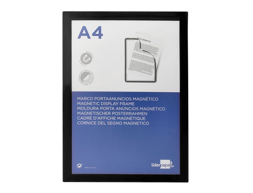LIDERPAPEL - MARCO PORTA ANUNCIOS MAGNETICO DIN A4 DORSO ADHESIVO REMOVIBLE COLOR NEGRO (Ref.MA03)