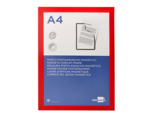 LIDERPAPEL - MARCO PORTA ANUNCIOS MAGNETICO DIN A4 DORSO ADHESIVO REMOVIBLE COLOR ROJO (Ref.MA04)