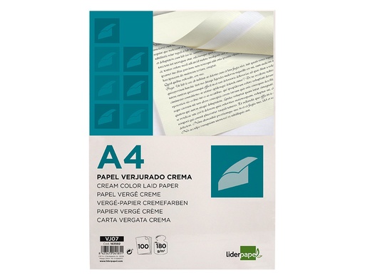 LIDERPAPEL - PAPEL VERJURADO A4 180G/M2 CREMA PAQUETE DE 100 HOJAS (Ref.VJ07)