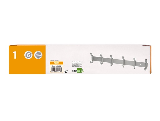 LIDERPAPEL - PERCHERO PARED METALICO 6 COLGADORES COLOR PLATA MATE 430X88X55 MM (Ref.PH01)