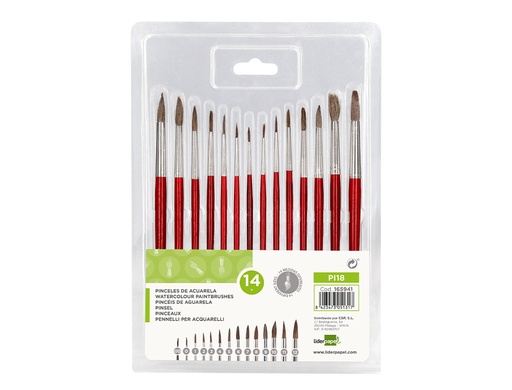 LIDERPAPEL - PINCELES ACUARELA VIROLA CROMADA PELO ENGOMADO BLISTER DE 14 UNIDADES SURTIDAS (Ref.PI18)