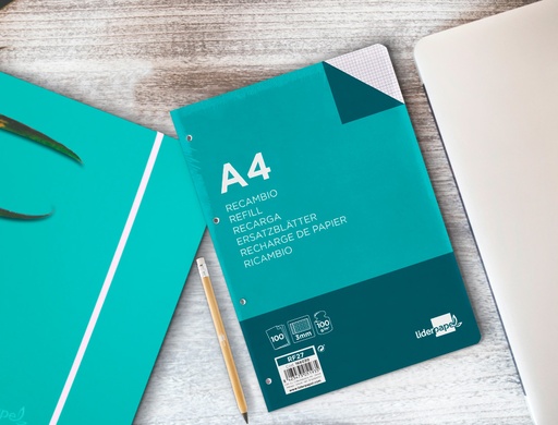 LIDERPAPEL - RECAMBIO A4 100 HOJAS 100G/M2 CUADRO 3MM CON MARGEN 4 TALADROS (Ref.RF27)