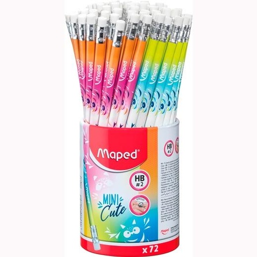 MAPED - LÁPIZ DE GRAFITO MINI CUTE HB C/GOMA DE BORRAR SURTIDO MULTICOLOR -BOTE EXPOSITOR 72U- (Ref.851874)