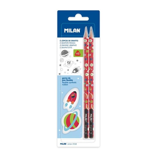 MILAN - 2 LÁPICES GRAFITO HB Y 2 GOMAS SUPER HEROES SPACE EN BLISTER (Ref.BYM10412)