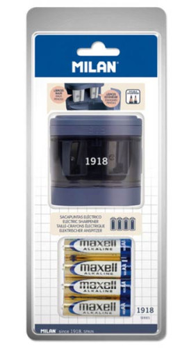 MILAN - BLÍSTER Sacapuntas/Afilalapices ELÉCTRICO MAXI-REGULAR (PILAS INCLUIDAS) SERIE 1918, AZUL MARINO (Ref.BWM10278B)