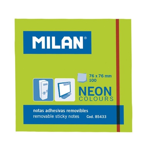 MILAN - BLOC NOTAS ADHESIVAS 100 HOJAS 76X76MM VERDE NEÓN -10U- (Ref.85433)