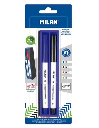 MILAN - BORRADOR MAGNÉTICO PARA PIZARRA BLANCA + 4 ROTULADORES BLISTER COLORES (Ref.BWM10402)