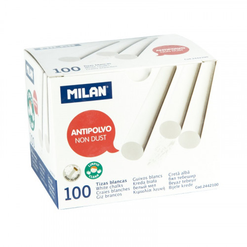MILAN - CAJA 100 TIZAS DE CARBONATO DE CALCIO BLANCAS REDONDAS -ANTIPOLVO (Ref.2442100)