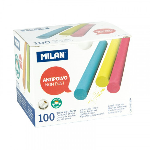 MILAN - CAJA 100 TIZAS DE CARBONATO DE CALCIO DE COLORES REDONDAS -ANTIPOLVO (Ref.2452100)
