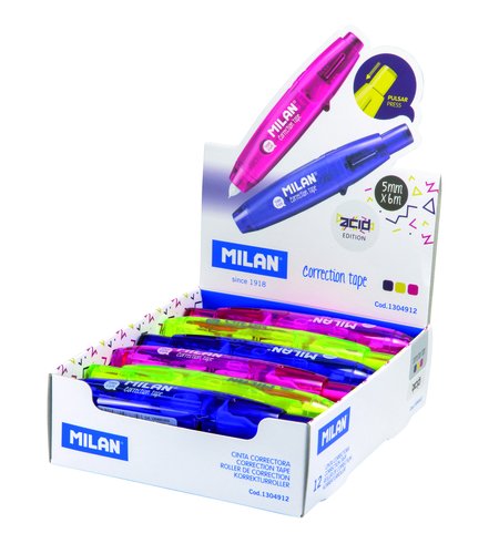MILAN - CAJA EXPOSITORA 12 CINTAS CORRECTORAS CON PULSADOR 5 MM X 6 (Ref.1304912)