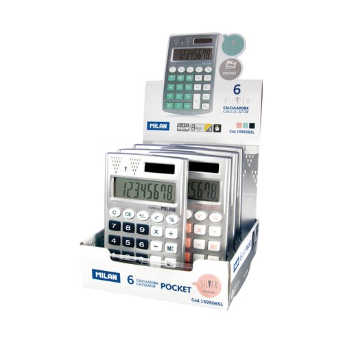 MILAN - CALCULADORA de BOLSILLO 8 DIGITOS POCKET EXPOSITOR de 6 EDITION SILVER (Ref.159506SL)