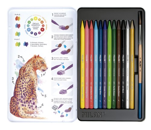 MILAN - LÁPICES DE COLORES ACUARELABLES 12 + 1 PINCEL EN CAJA METÁLICA C/SURTIDOS (Ref.07468112C)
