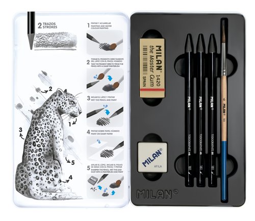 MILAN - LÁPICES GRAFITO ACUARELABLE SIN MADERA 3 (HB/4B/8B) + 1 Sacapuntas/Afilalapices + 1 GOMA + 1 PINCEL EN CAJA METÁLICA (Ref.07168103C)