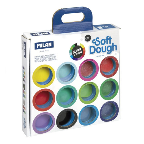 MILAN - MALETÍN 16 BOTES PASTA BLANDA SOFT DOUGH DE 30GR COLORES SURTIDOS (INCLUYE NEÓN Y GLITTER) (Ref.913316SC)