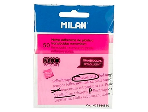 MILAN - NOTAS ADHESIVAS 50 HOJAS 76X76MM TRANSLÚCIDAS ROSA FLUORESCENTE (Ref.411260850)