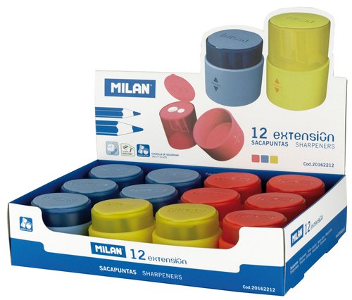 MILAN - Sacapuntas/Afilalapices DOBLE EXTENSIÓN DEPÓSITO EXTENSIBLE 3 COLORES EXPOSITOR -12U- (Ref.20162212)