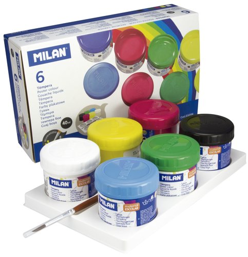 MILAN - TÉMPERA 40ML CON PINCEL COLORES SURTIDOS -CAJA 6 BOTES- (Ref.3206)