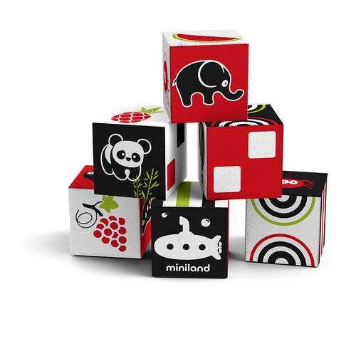 MINILAND - JUEGO FIRST SENSES SET 6 CUBOS APLIABLES TEXTURA ESPONJOSA Y CON SONAJERO (9-18 MESES) (Ref.97313)