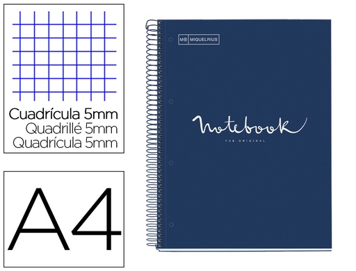 MIQUELRIUS - BLOC EMOTIONS NOTEBOOK 1 micro.tapa DURA A4 80h 90g CUADRIC.5x5 MARINO (Ref.46046)