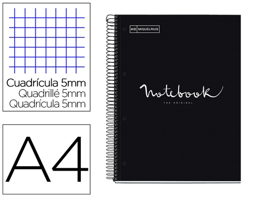 MIQUELRIUS - BLOC EMOTIONS NOTEBOOK 1 micro.tapa DURA A4 80h 90g CUADRIC.5x5 NEGRO (Ref.46045)
