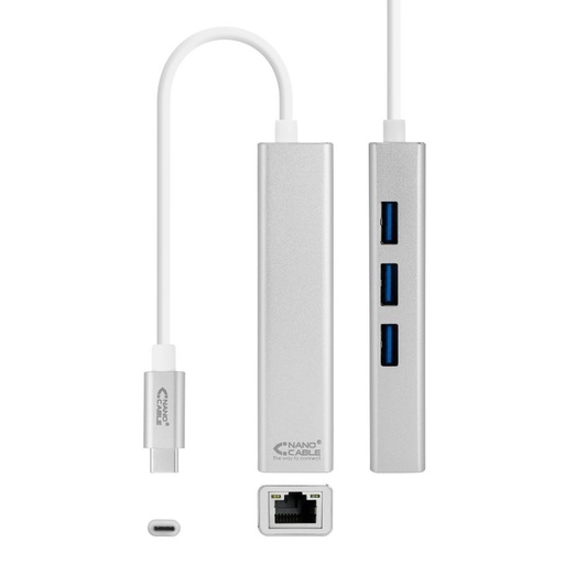 NANOCABLE - Conversor USB-C a Ethernet Gigabit + 3xUSB 3.0, Plata, 15 cm (Ref.10.03.0404)