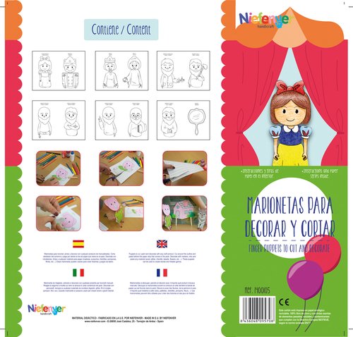 NIEFENVER - MARIONETA DEDO CARTULINA 300 gr. para RECORTAR Y DECORAR BLANCANIEVES PACK de 12 (Ref.1400105)