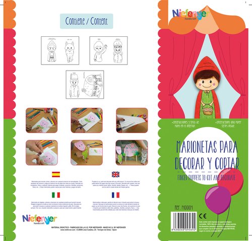 NIEFENVER - MARIONETA DEDO CARTULINA 300 gr. para RECORTAR Y DECORAR CAPERUCITA ROJA PACK de 6 (Ref.1400104)