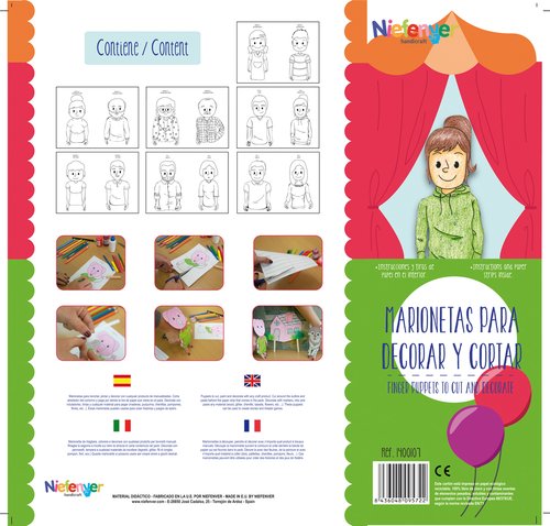 NIEFENVER - MARIONETA DEDO CARTULINA 300 gr. para RECORTAR Y DECORAR LA FAMILIA PACK de 14 (Ref.1400107)