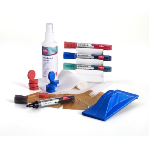 NOBO - KIT PIZARRA BLANCA COMPLETO (4 MARCADORES, BORRADOR, 5 RECARGAS, TRAPO LIMPIEZA, 10 IMANES y SPRAY 125 ml) (Ref.1901430)