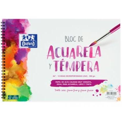 OXFORD - BLOC PARA PINTURA ACUARELA Y TÉMPERA 10H 300GR ESPIRAL A4+ LISO BLANCO (Ref.400148238)