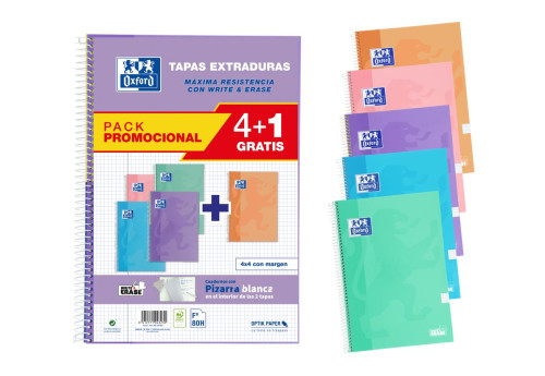 OXFORD - PACK 4+1 CUADERNOS CLASSIC WRITE&ERASE Fº T.EXTRADURA 80H 4X4 COLORES PASTEL (Ref.400159802)