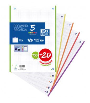 OXFORD - RECAMBIO 100 HOJAS SUELTAS A4 MICROPERFORADAS 5X5MM 90GR BANDA COLORES SURTIDOS (Ref.400148310)