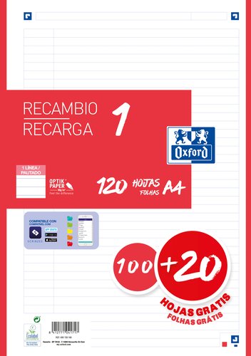 OXFORD - RECAMBIO 100H + 20H GRATIS 4 TALADROS A4 90GR 1 LÍNEA 1 BANDA ROJO (Ref.400158166)