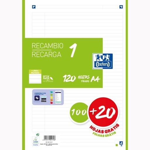 OXFORD - RECAMBIO 100H + 20H GRATIS 4 TALADROS A4 90GR 1 LÍNEA 1 BANDA VERDE (Ref.400158167)