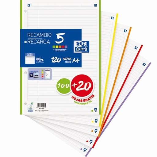 OXFORD - RECAMBIO 100H + 20H GRATIS 4 TALADROS A4 90GR 1 LÍNEA 5 BANDAS C/SURTIDOS VIVOS (Ref.400158519)