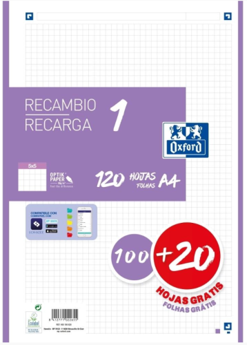 OXFORD - RECAMBIO 100H + 20H GRATIS 4 TALADROS A4 90GR 5X5 1 BANDA LILA (Ref.400158164)